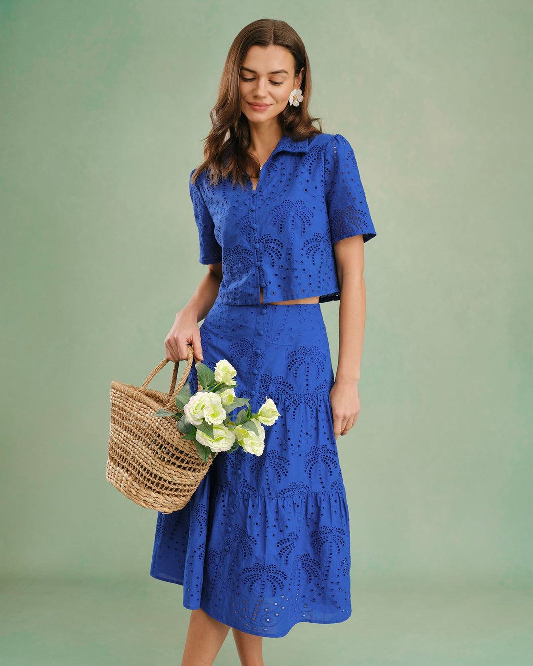 Morgan and Brooke | Textured Button Collar Blouse for Women in Blue