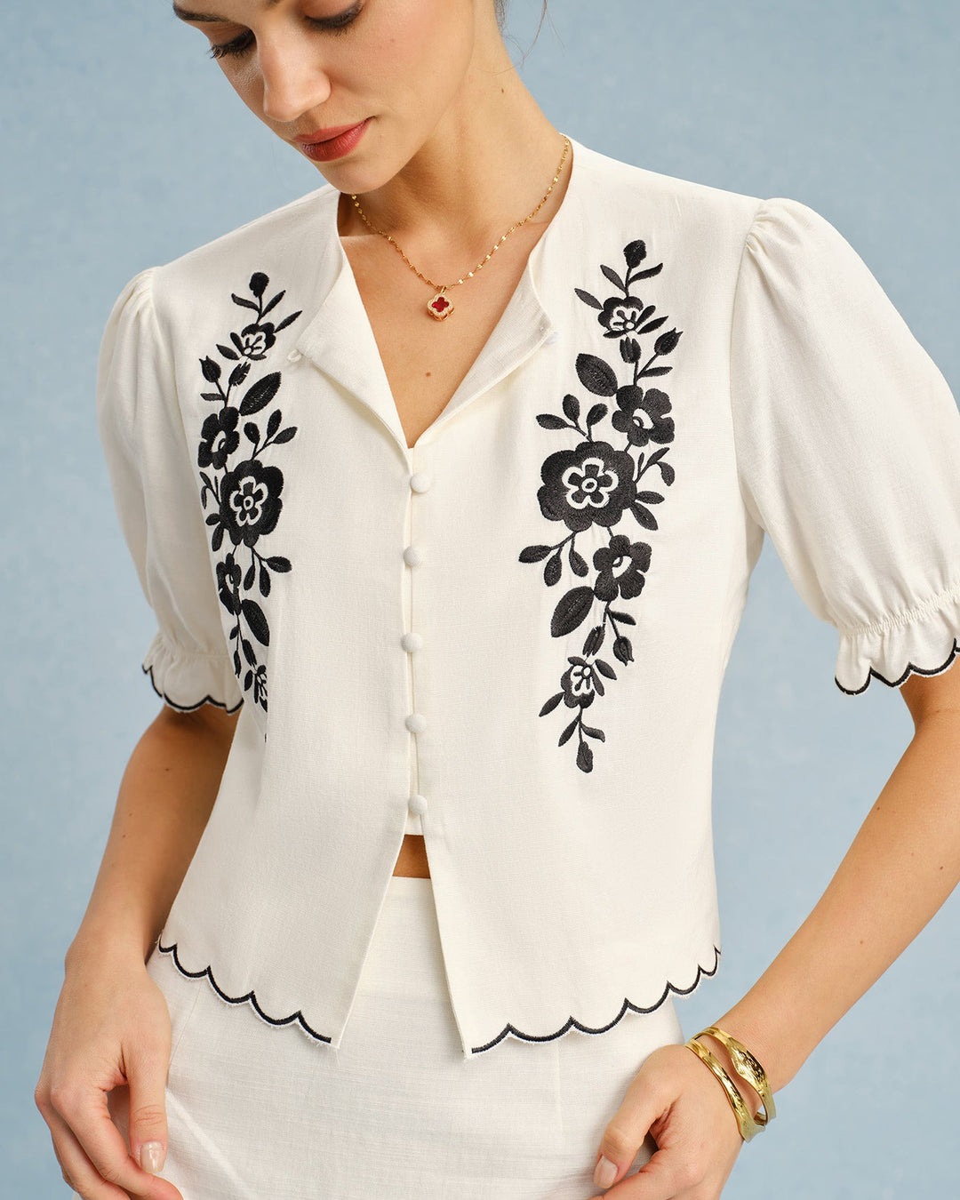 Morgan and Brooke | Beige Embroidered Puff Sleeve Blouse