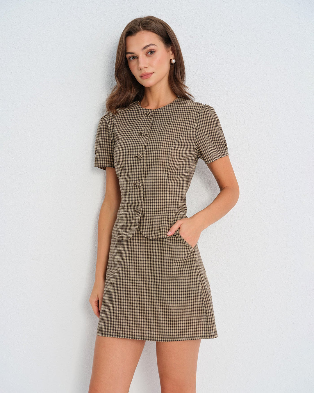 Morgan and Brooke | Brown Plaid Puffed Sleeve Blouse
