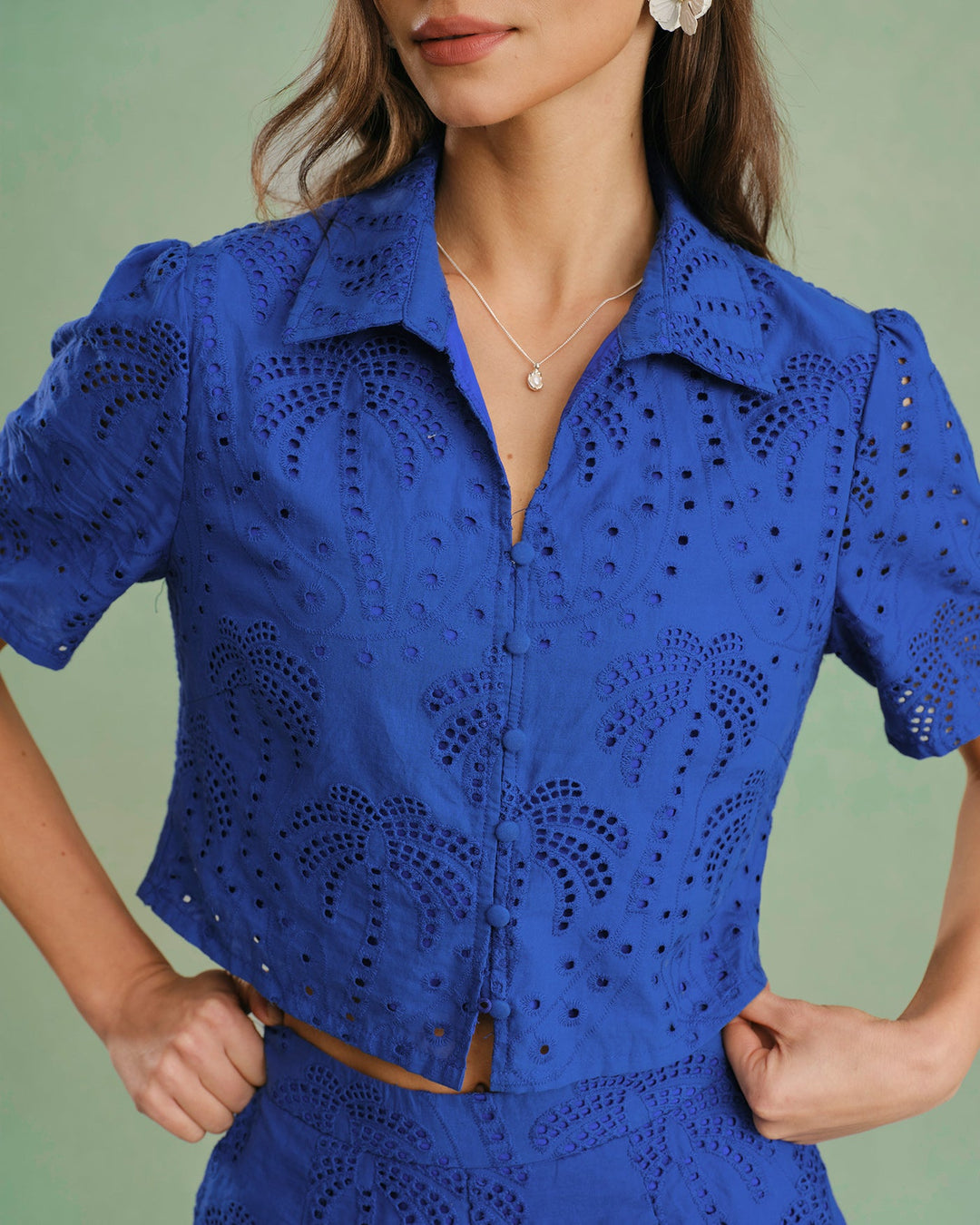 Morgan and Brooke | Textured Button Collar Blouse for Women in Blue