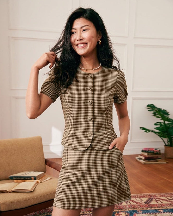 Morgan and Brooke | Brown Plaid Puffed Sleeve Blouse