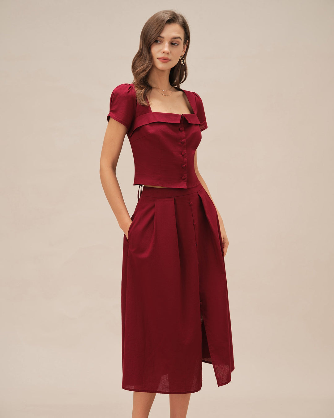 Morgan and Brooke | Square Neck Cross Tie Blouse for Women in Red