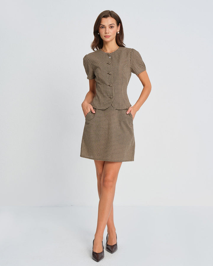 Morgan and Brooke | Brown Plaid Puffed Sleeve Blouse