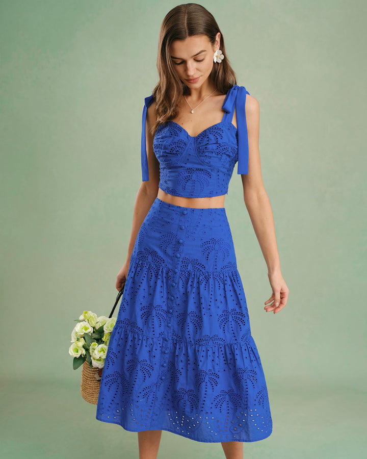 Morgan and Brooke | Embroidered Cami Top for Women in Blue with Sweetheart Neck