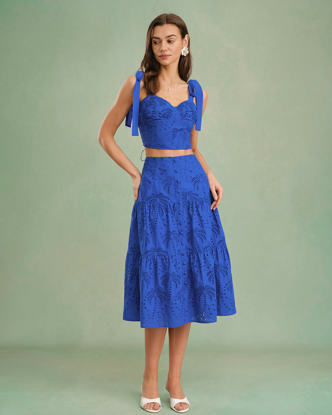 Morgan and Brooke | Embroidered Cami Top for Women in Blue with Sweetheart Neck
