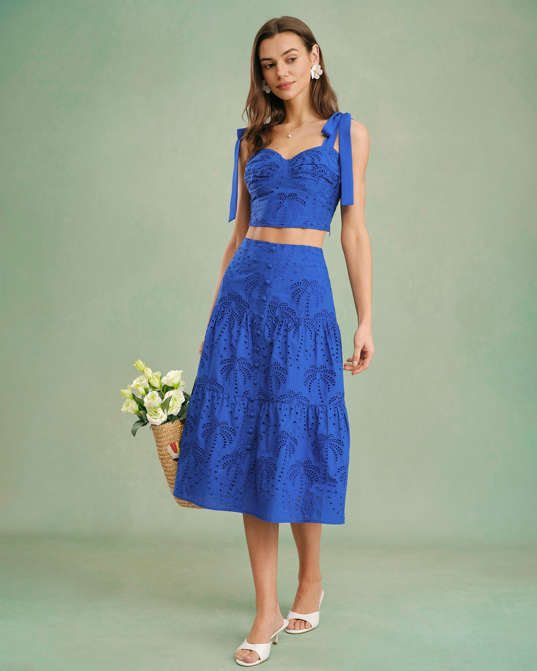 Morgan and Brooke | Embroidered Cami Top for Women in Blue with Sweetheart Neck
