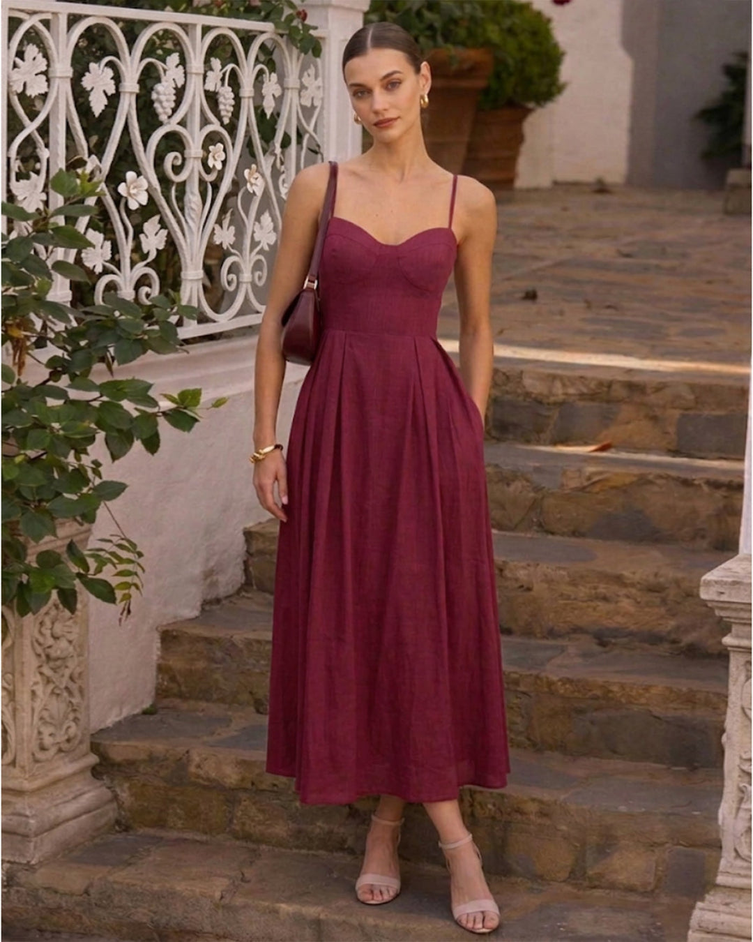 Morgan and Brooke | Sleeveless Slip Maxi Dress for Women in Red with Sweetheart Neck
