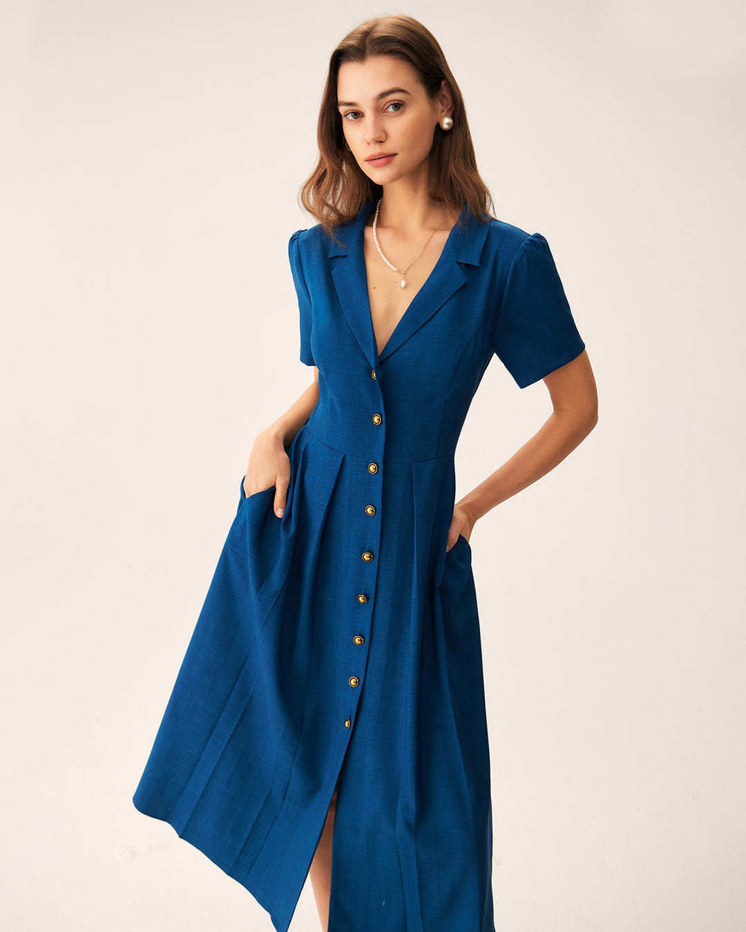 Morgan and Brooke | V Neck Pleated Button Midi Dress, Blue