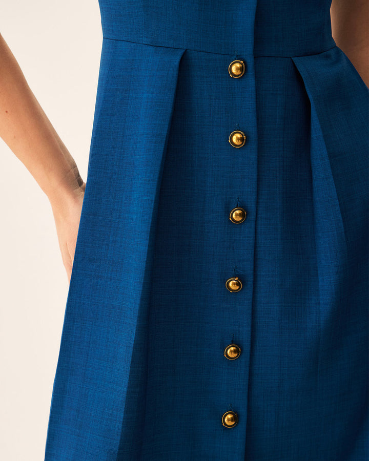Morgan and Brooke | V Neck Pleated Button Midi Dress, Blue