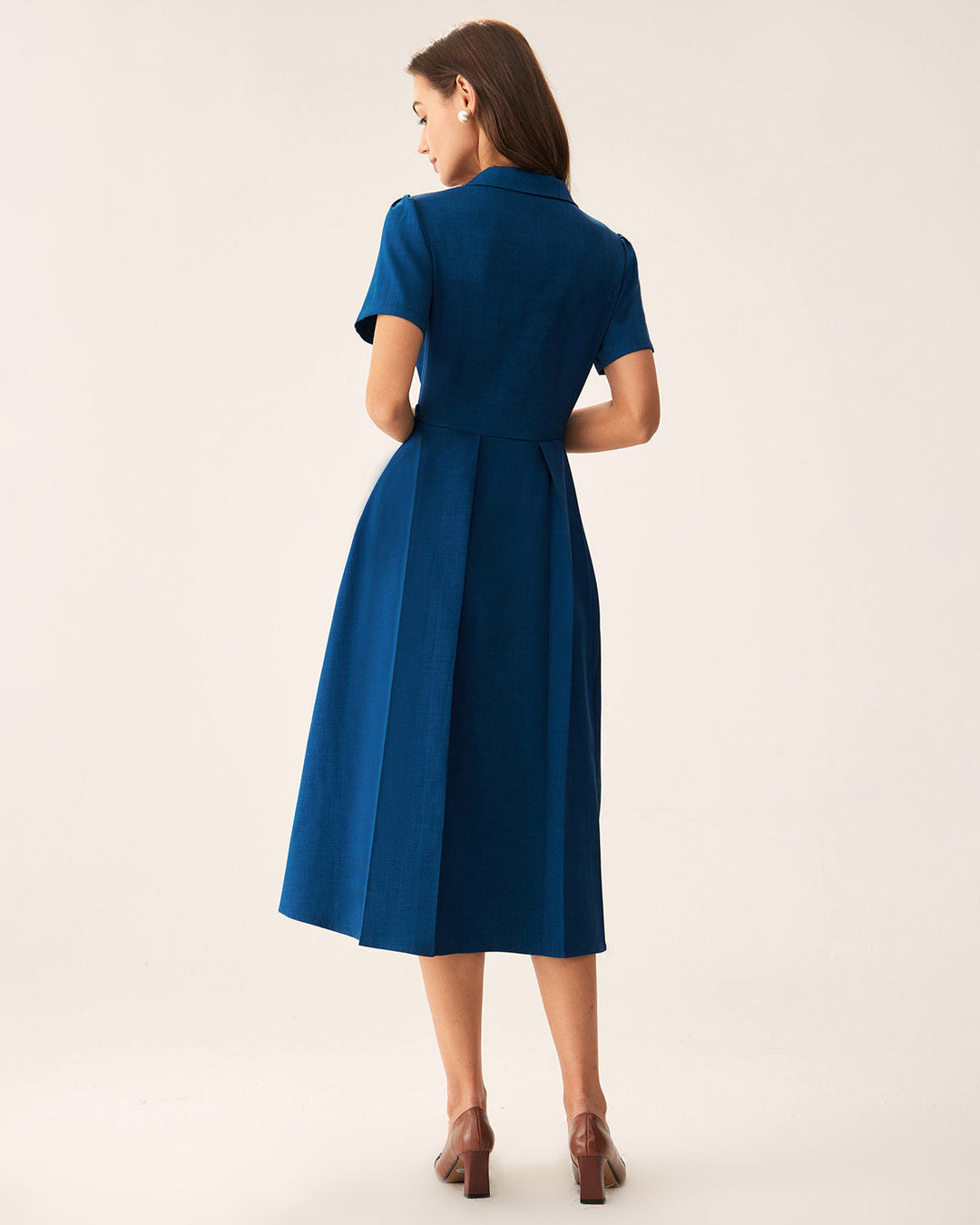 Morgan and Brooke | V Neck Pleated Button Midi Dress, Blue