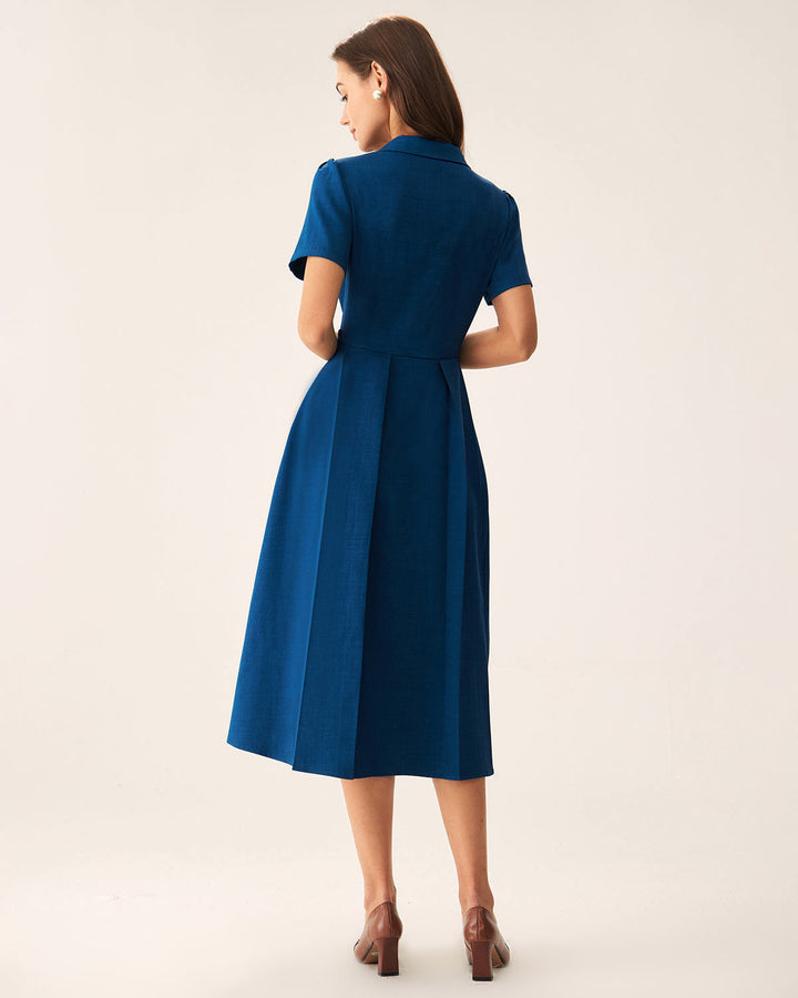 Morgan and Brooke | V Neck Pleated Button Midi Dress, Blue