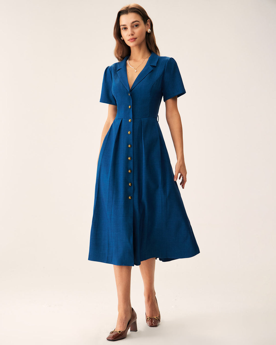 Morgan and Brooke | V Neck Pleated Button Midi Dress, Blue