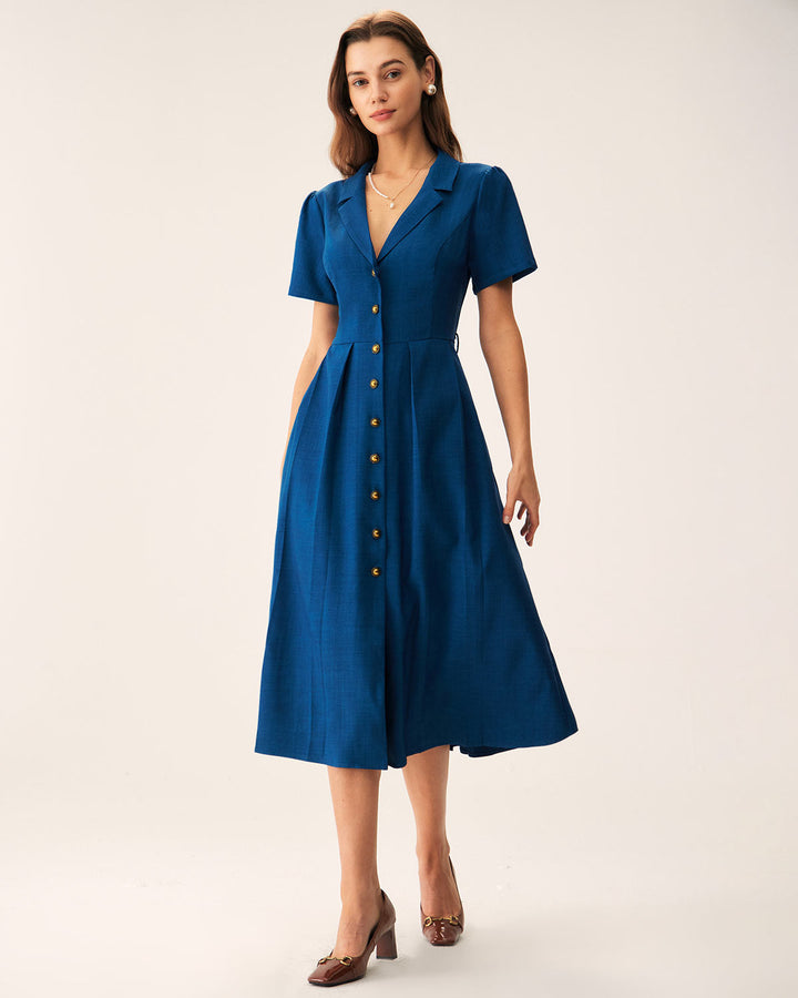 Morgan and Brooke | V Neck Pleated Button Midi Dress, Blue