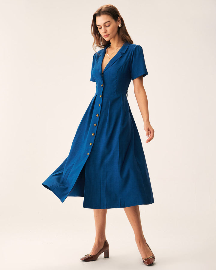 Morgan and Brooke | V Neck Pleated Button Midi Dress, Blue