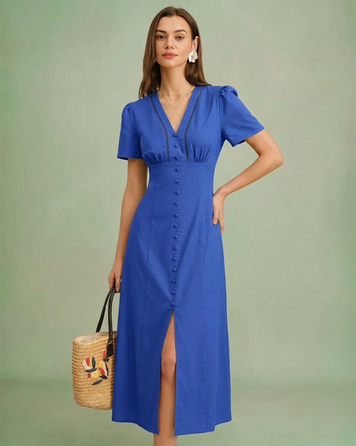 Morgan and Brooke | V Neck A-Line Button Midi Dress for Women in Blue
