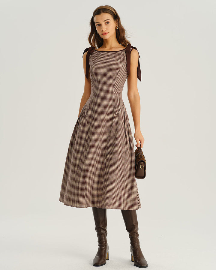 Morgan and Brooke | Brown Plaid A-Line Midi Dress