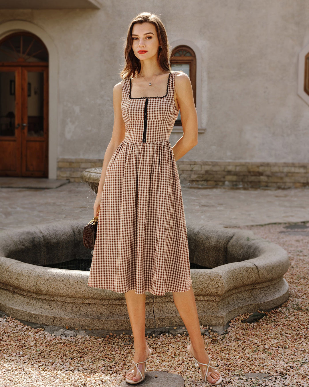 Morgan and Brooke | Brown Plaid Sleeveless Midi Dress