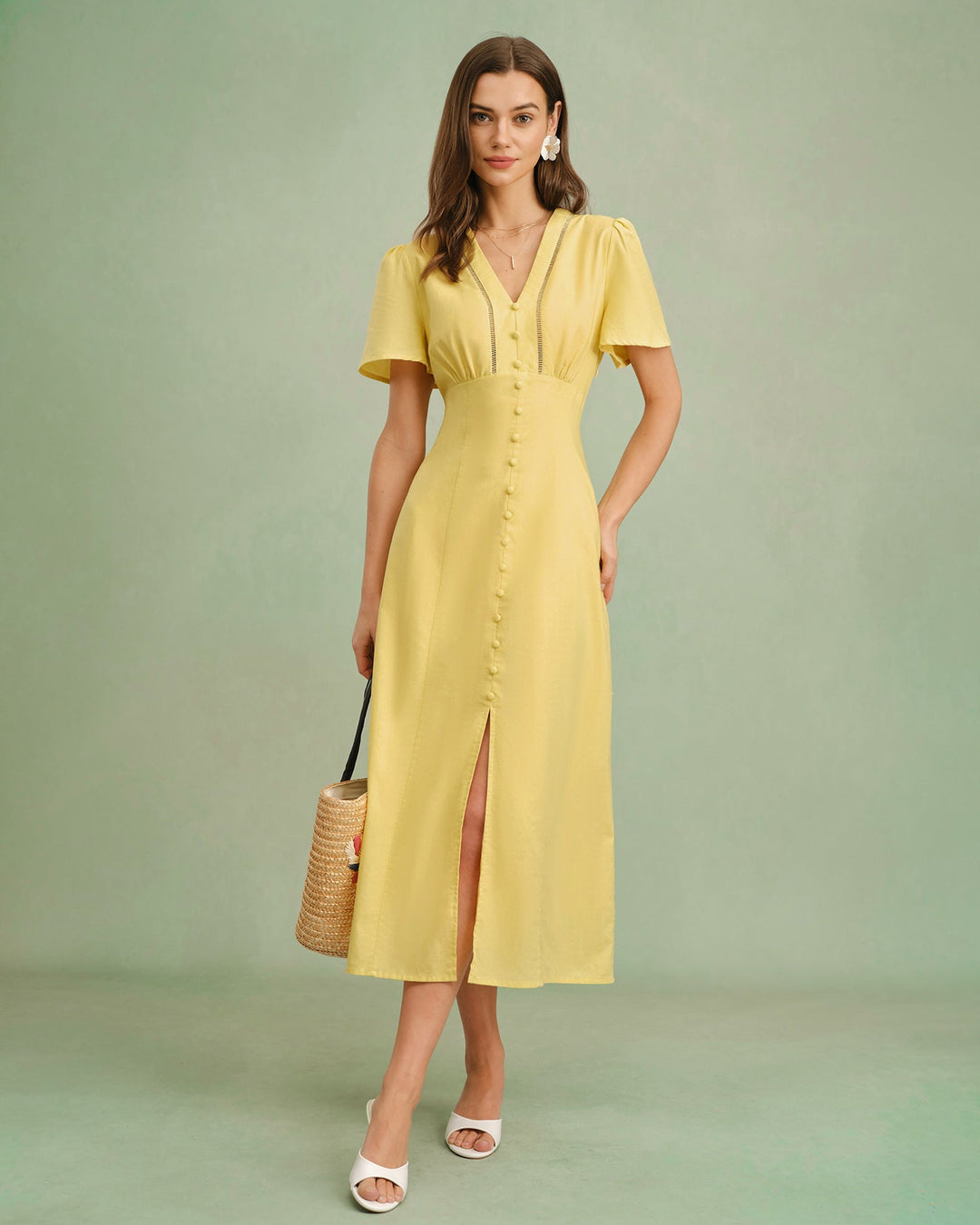 Morgan and Brooke | Yellow V Neck Button Midi Dress