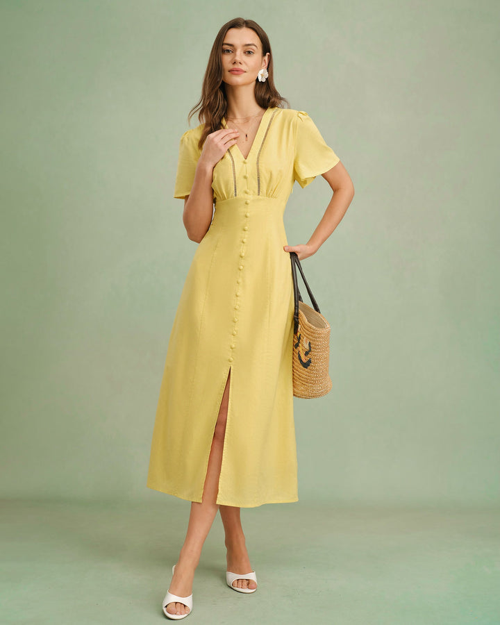 Morgan and Brooke | Yellow V Neck Button Midi Dress