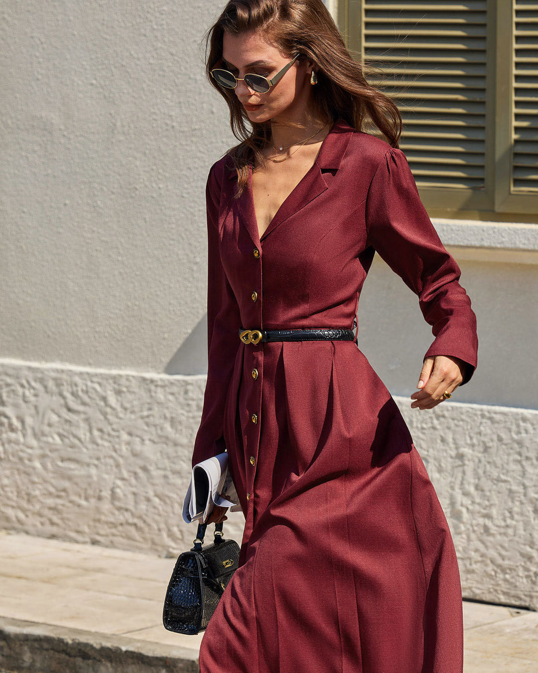Morgan and Brooke | Ruched A-Line Midi Dress for Women in Wine Red