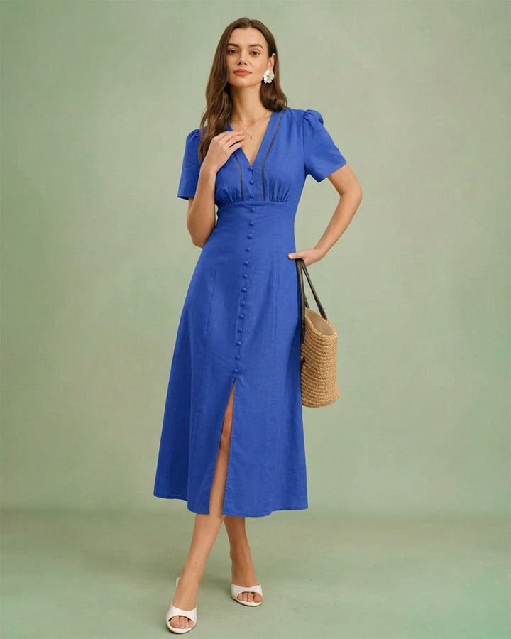 Morgan and Brooke | V Neck A-Line Button Midi Dress for Women in Blue