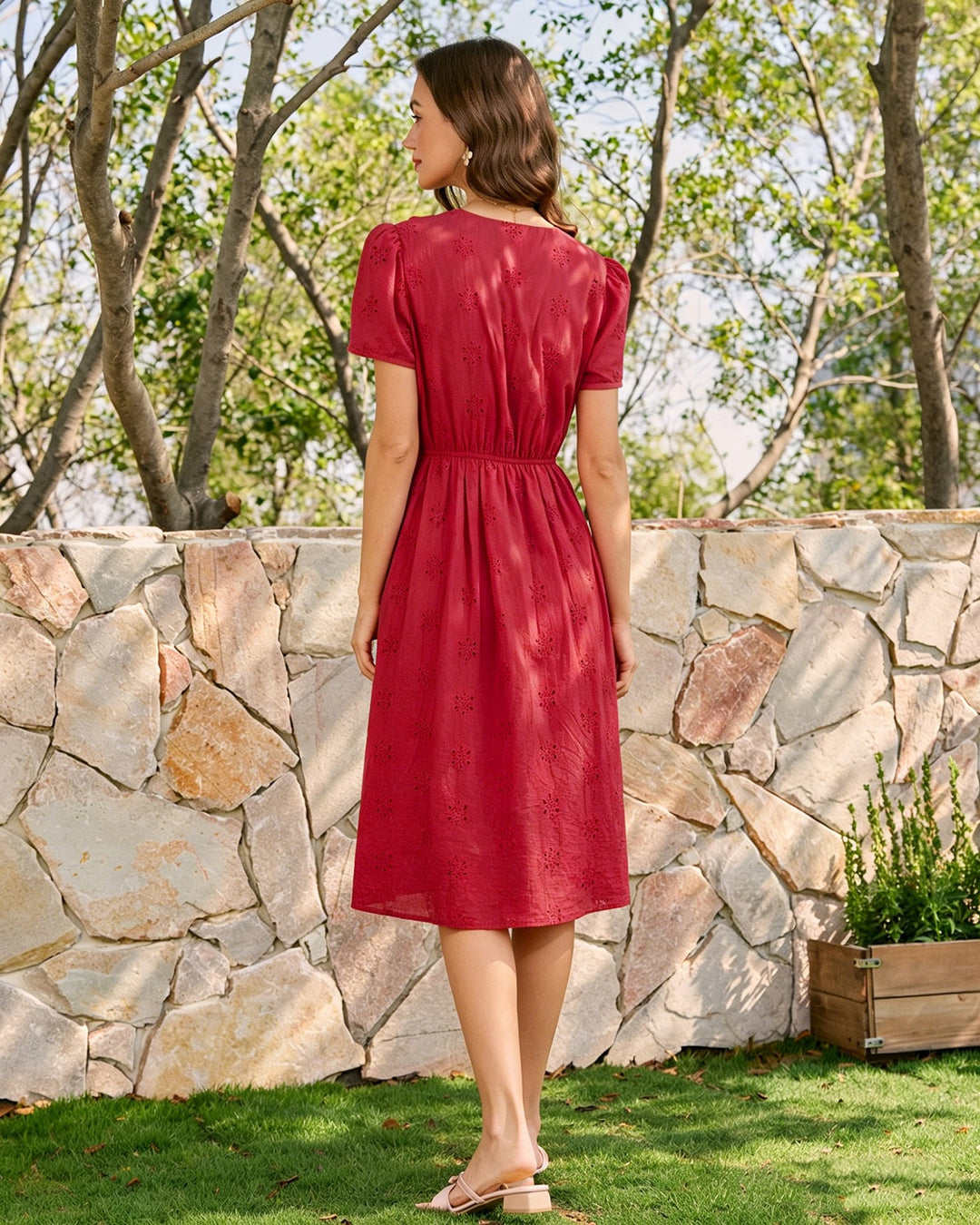 Morgan and Brooke | V Neck Embroidery Midi Dress for Women in Red