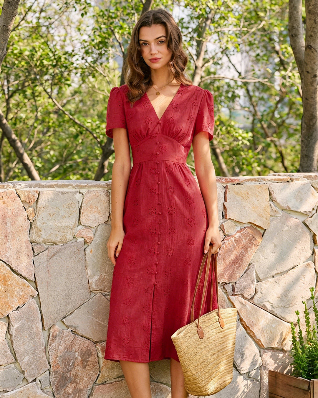 Morgan and Brooke | V Neck Embroidery Midi Dress for Women in Red