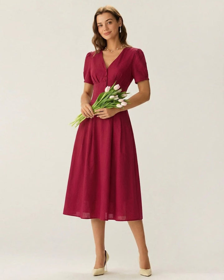 Morgan and Brooke | V Neck Midi Dress for Women in Red