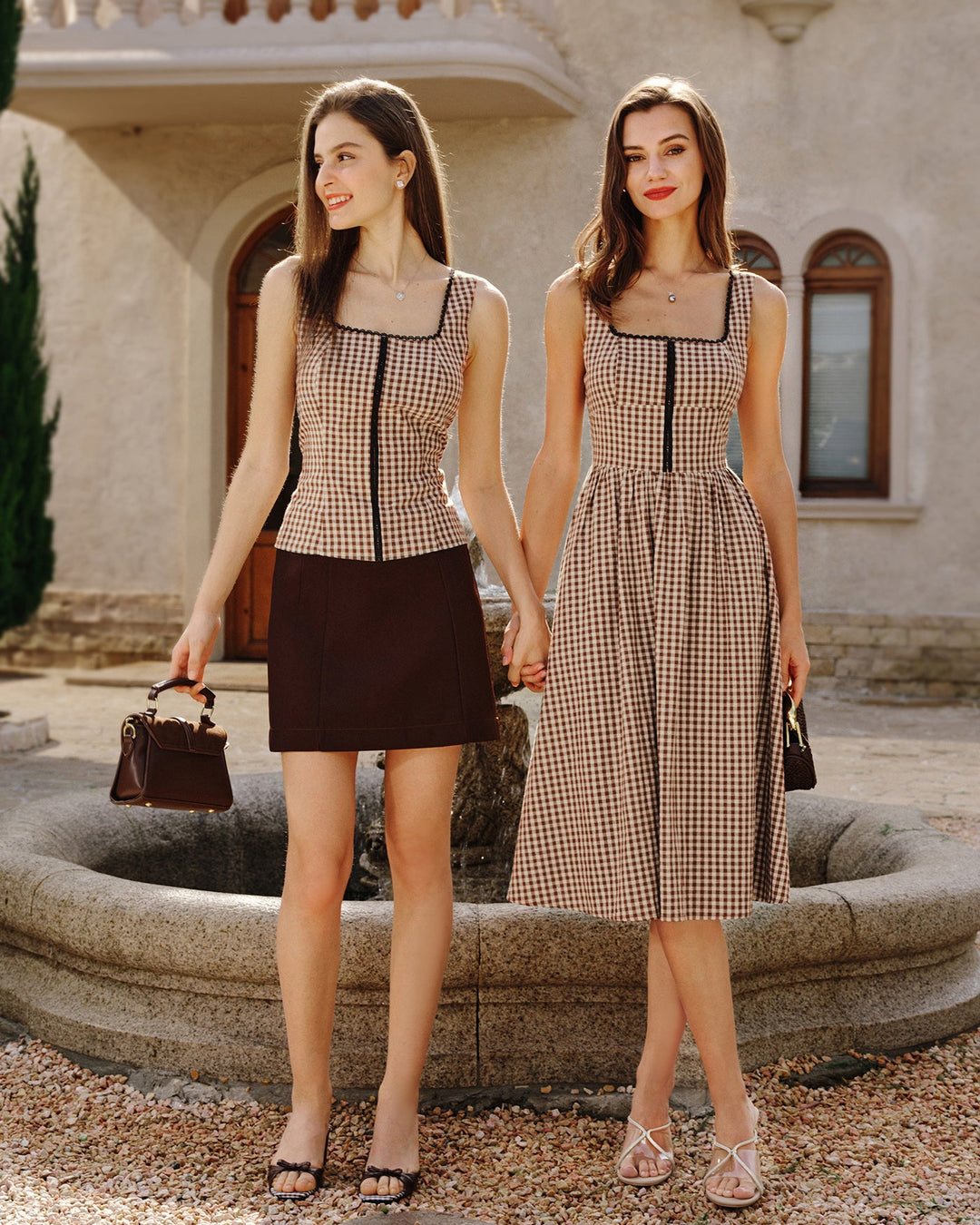 Morgan and Brooke | Brown Plaid Sleeveless Midi Dress
