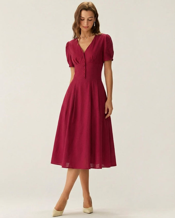 Morgan and Brooke | V Neck Midi Dress for Women in Red