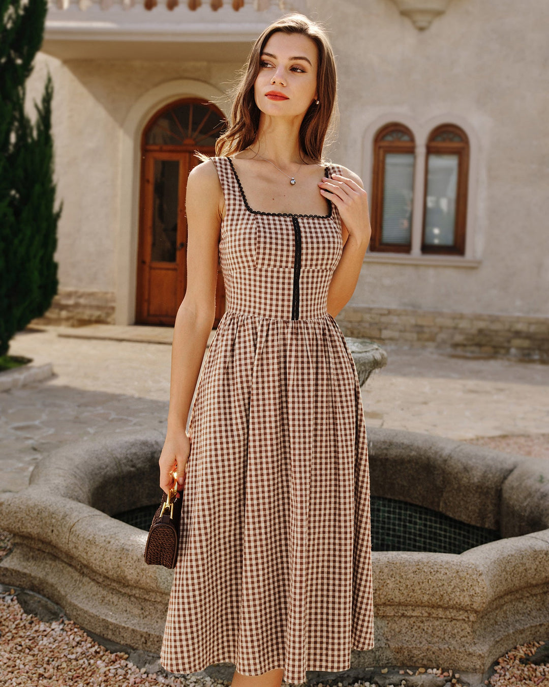 Morgan and Brooke | Brown Plaid Sleeveless Midi Dress