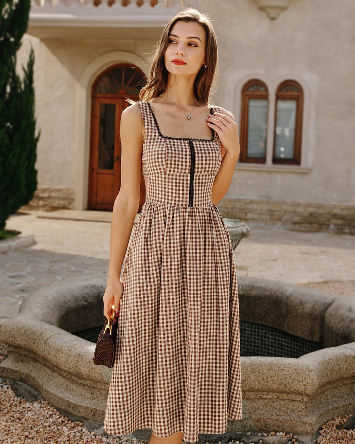 Morgan and Brooke | Brown Plaid Sleeveless Midi Dress