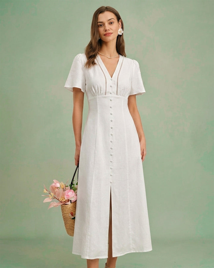 Morgan and Brooke | White V Neck A-Line Midi Dress