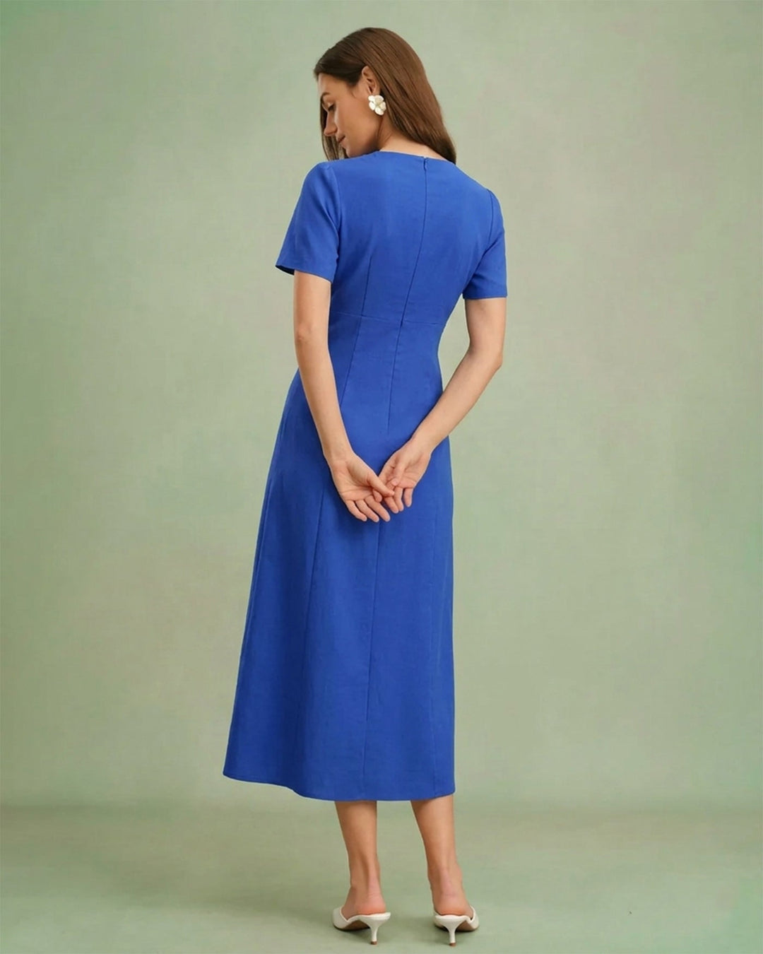 Morgan and Brooke | V Neck A-Line Button Midi Dress for Women in Blue
