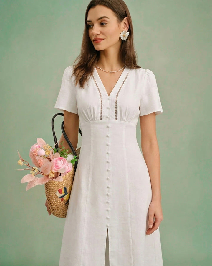 Morgan and Brooke | White V Neck A-Line Midi Dress
