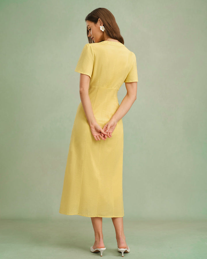 Morgan and Brooke | Yellow V Neck Button Midi Dress