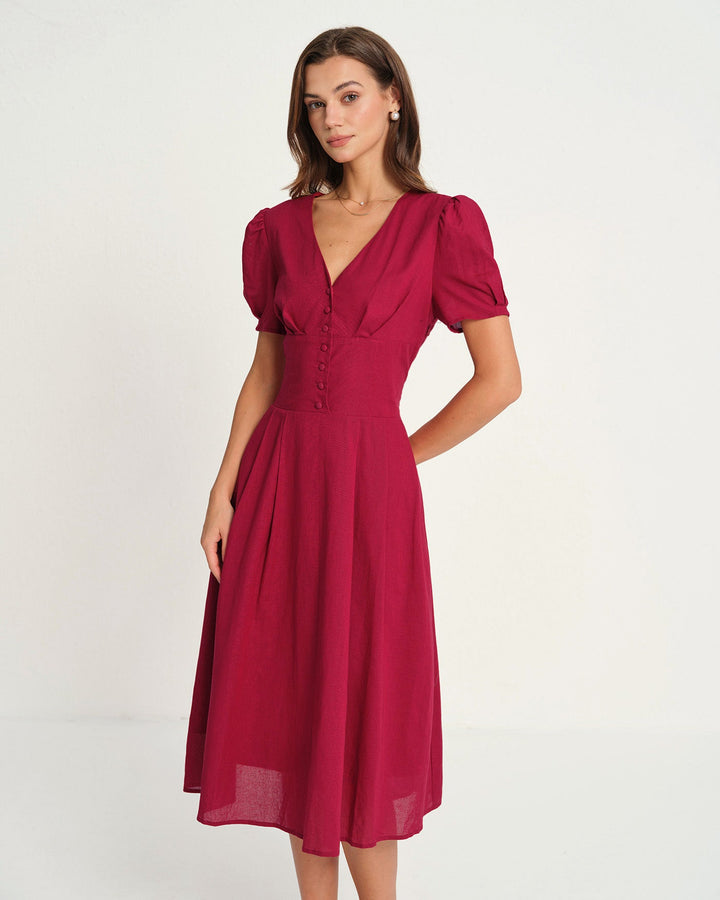 Morgan and Brooke | V Neck Midi Dress for Women in Red