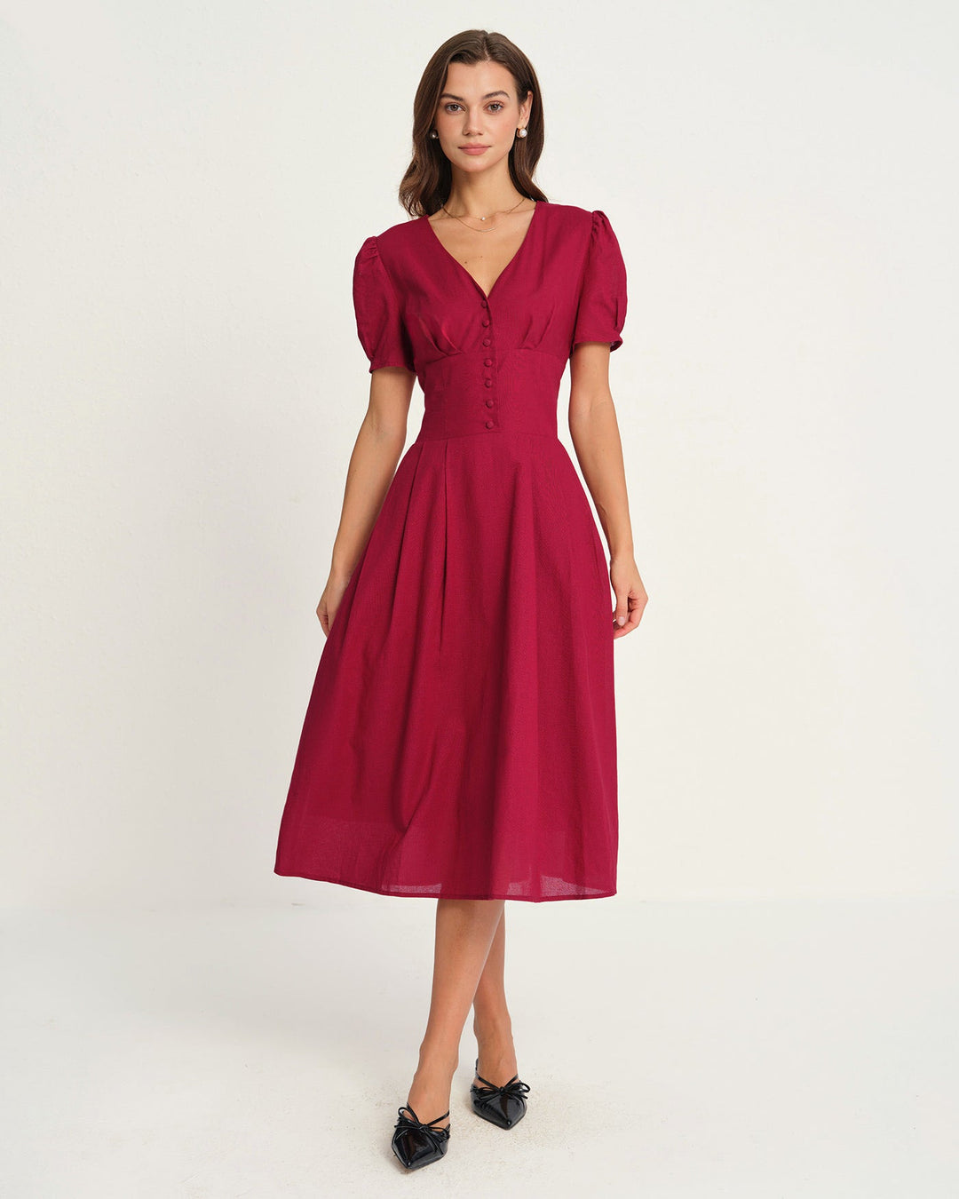 Morgan and Brooke | V Neck Midi Dress for Women in Red