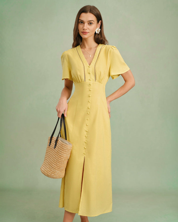Morgan and Brooke | Yellow V Neck Button Midi Dress