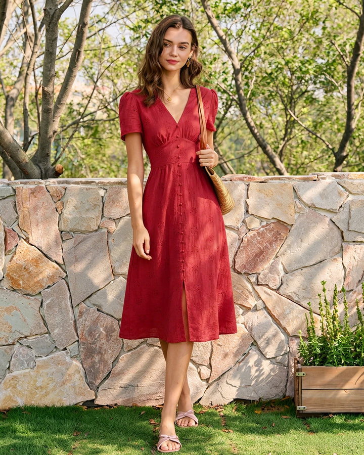 Morgan and Brooke | V Neck Embroidery Midi Dress for Women in Red