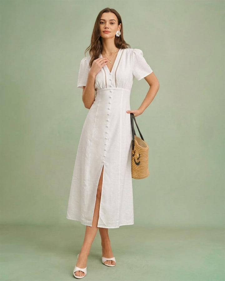 Morgan and Brooke | White V Neck A-Line Midi Dress