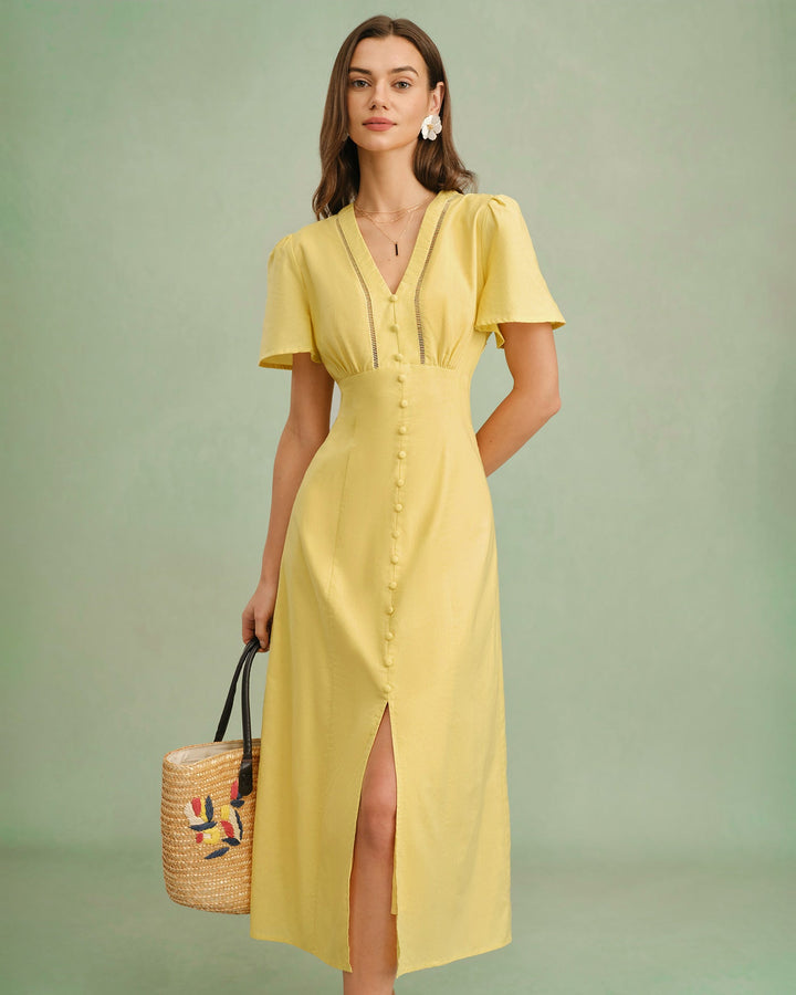 Morgan and Brooke | Yellow V Neck Button Midi Dress