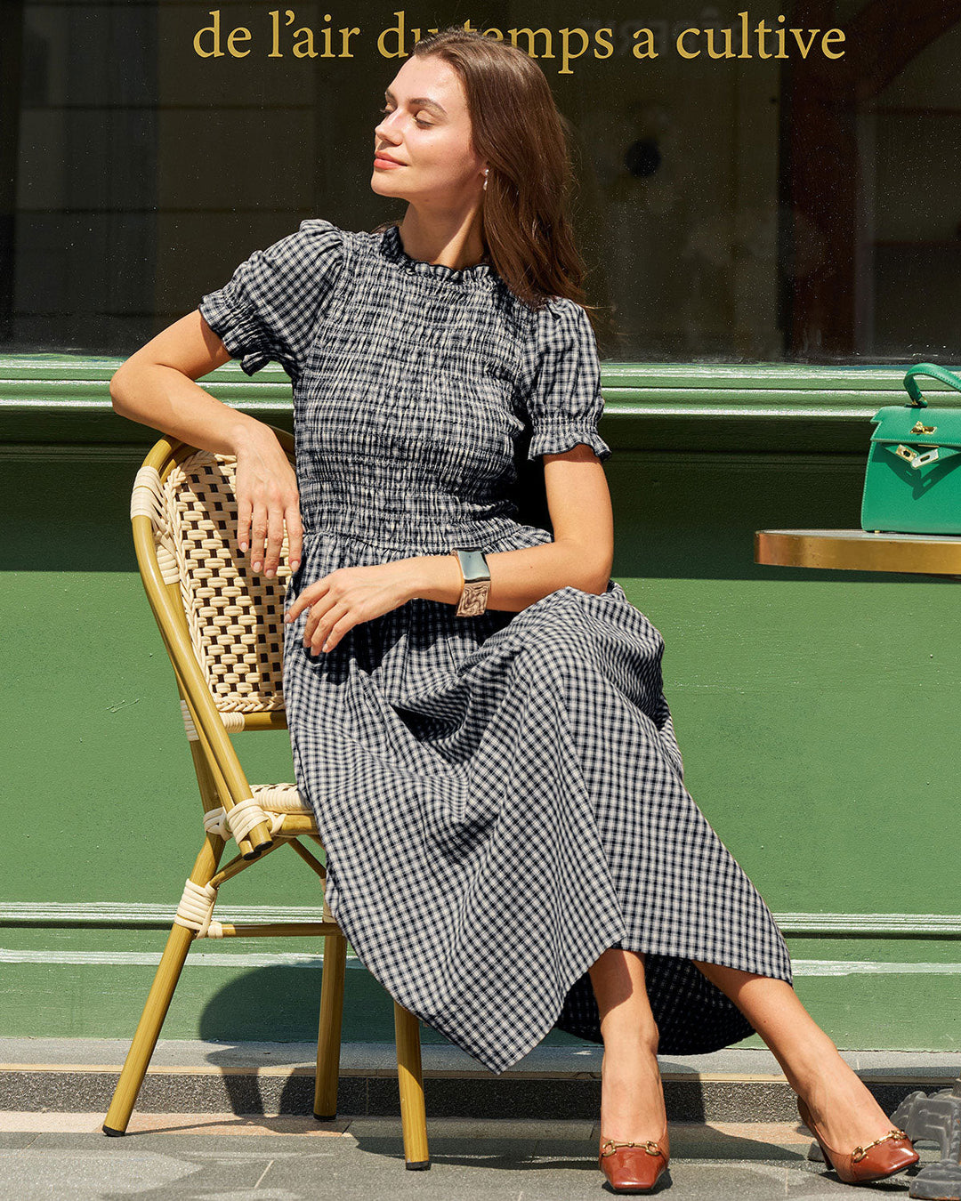 Morgan and Brooke | Gingham Puffed Sleeve Midi Dress for Women in Blue