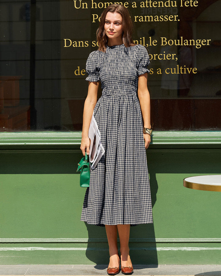 Morgan and Brooke | Gingham Puffed Sleeve Midi Dress for Women in Blue