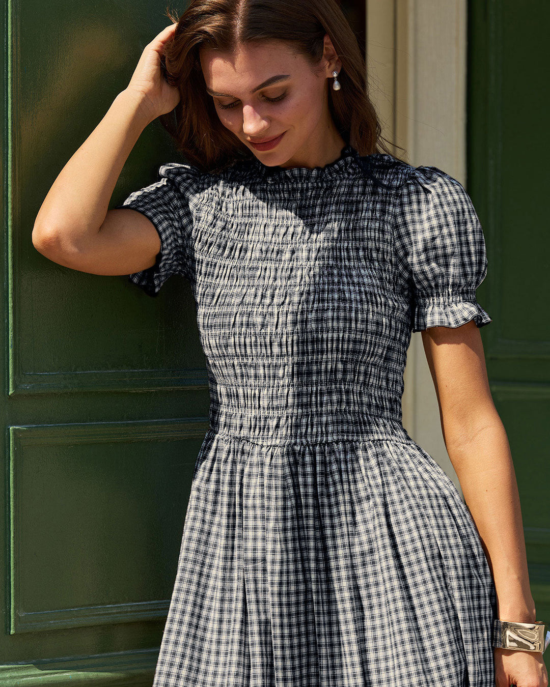 Morgan and Brooke | Gingham Puffed Sleeve Midi Dress for Women in Blue