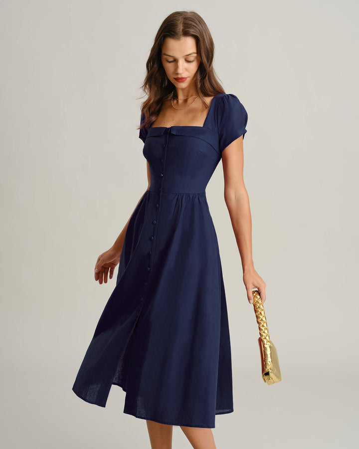 Morgan and Brooke | Navy A-Line Midi Dress with Square Neck and Short Sleeves