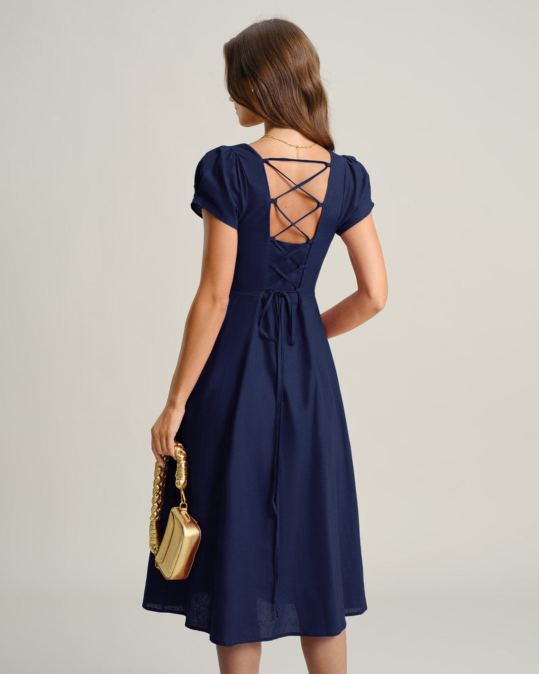Morgan and Brooke | Navy A-Line Midi Dress with Square Neck and Short Sleeves