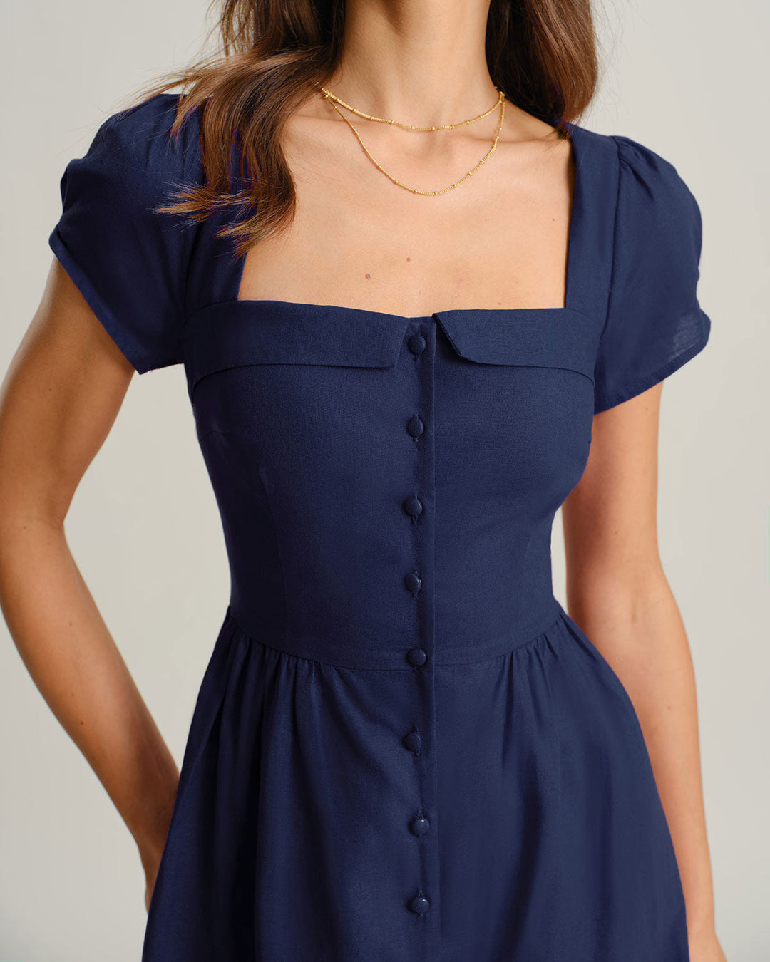 Morgan and Brooke | Navy A-Line Midi Dress with Square Neck and Short Sleeves
