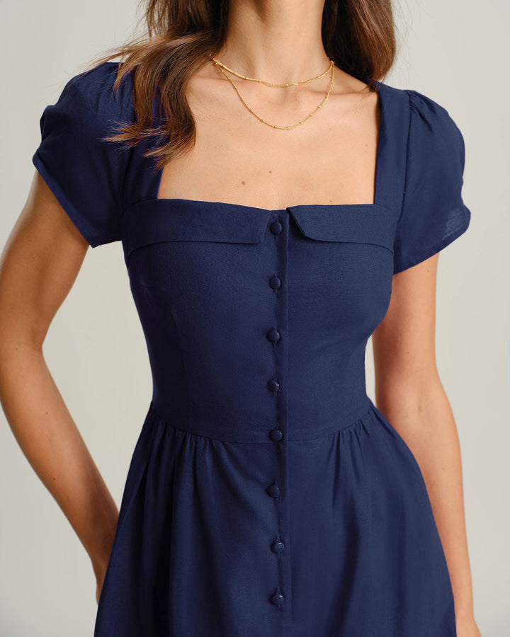Morgan and Brooke | Navy A-Line Midi Dress with Square Neck and Short Sleeves