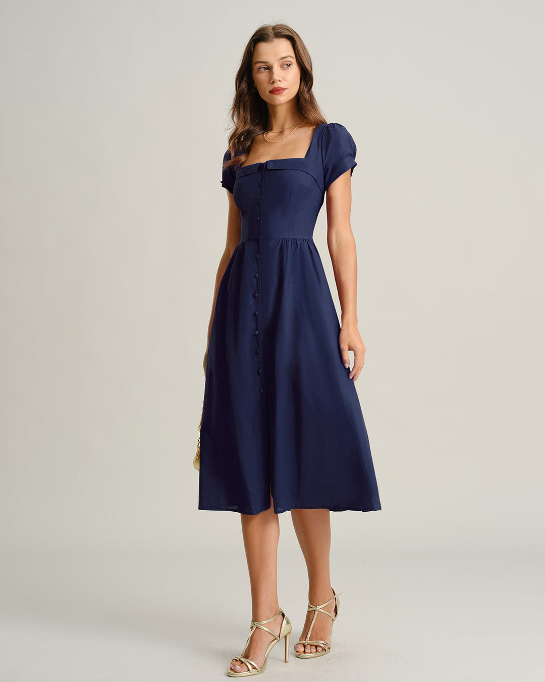 Morgan and Brooke | Navy A-Line Midi Dress with Square Neck and Short Sleeves